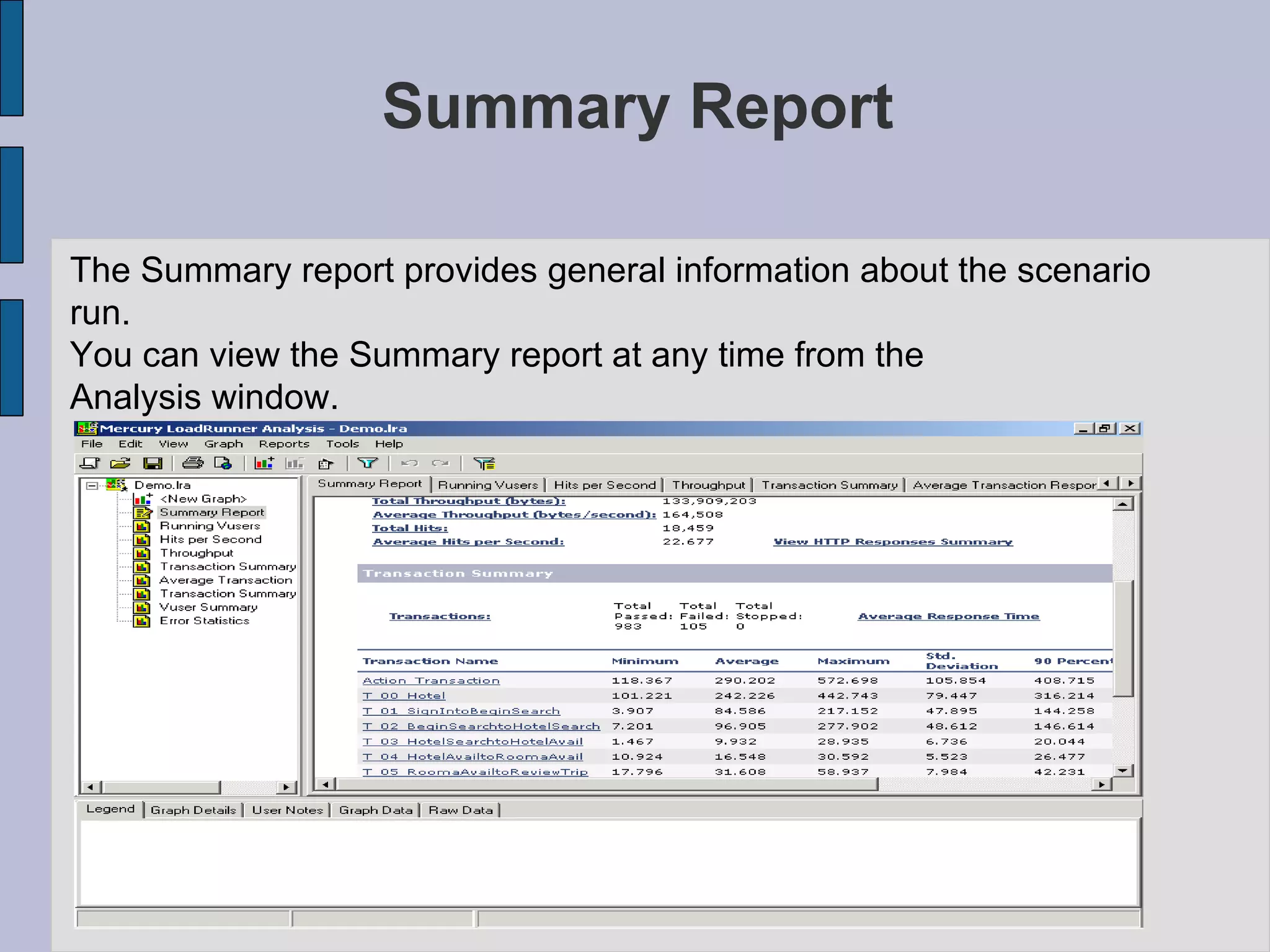Summary Report The Summary report provides general information about the scenario run.  You can view the Summary report at any time from the  Analysis window.   