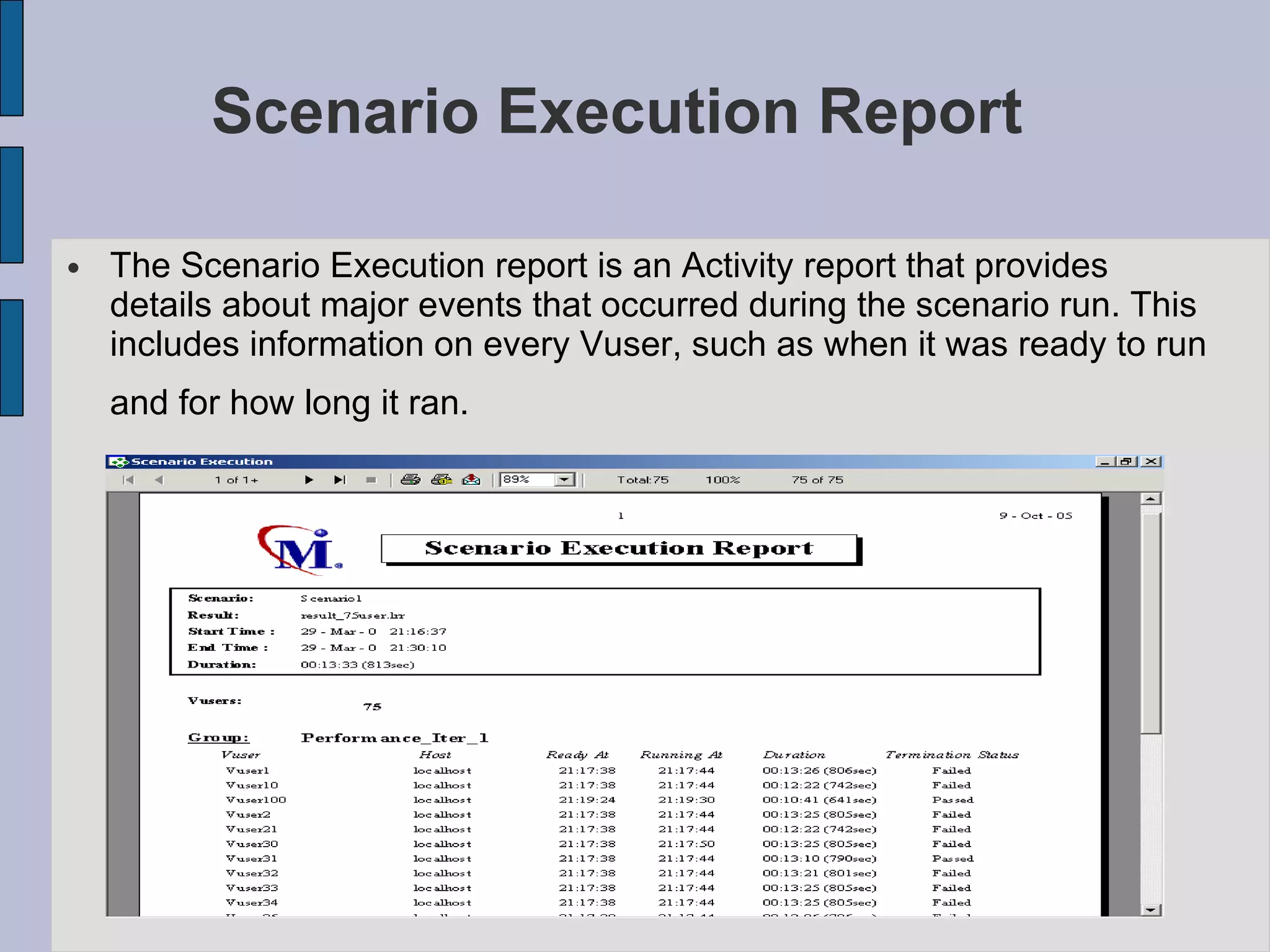 Scenario Execution Report   The Scenario Execution report is an Activity report that provides details about major events that occurred during the scenario run. This includes information on every Vuser, such as when it was ready to run and for how long it ran.   