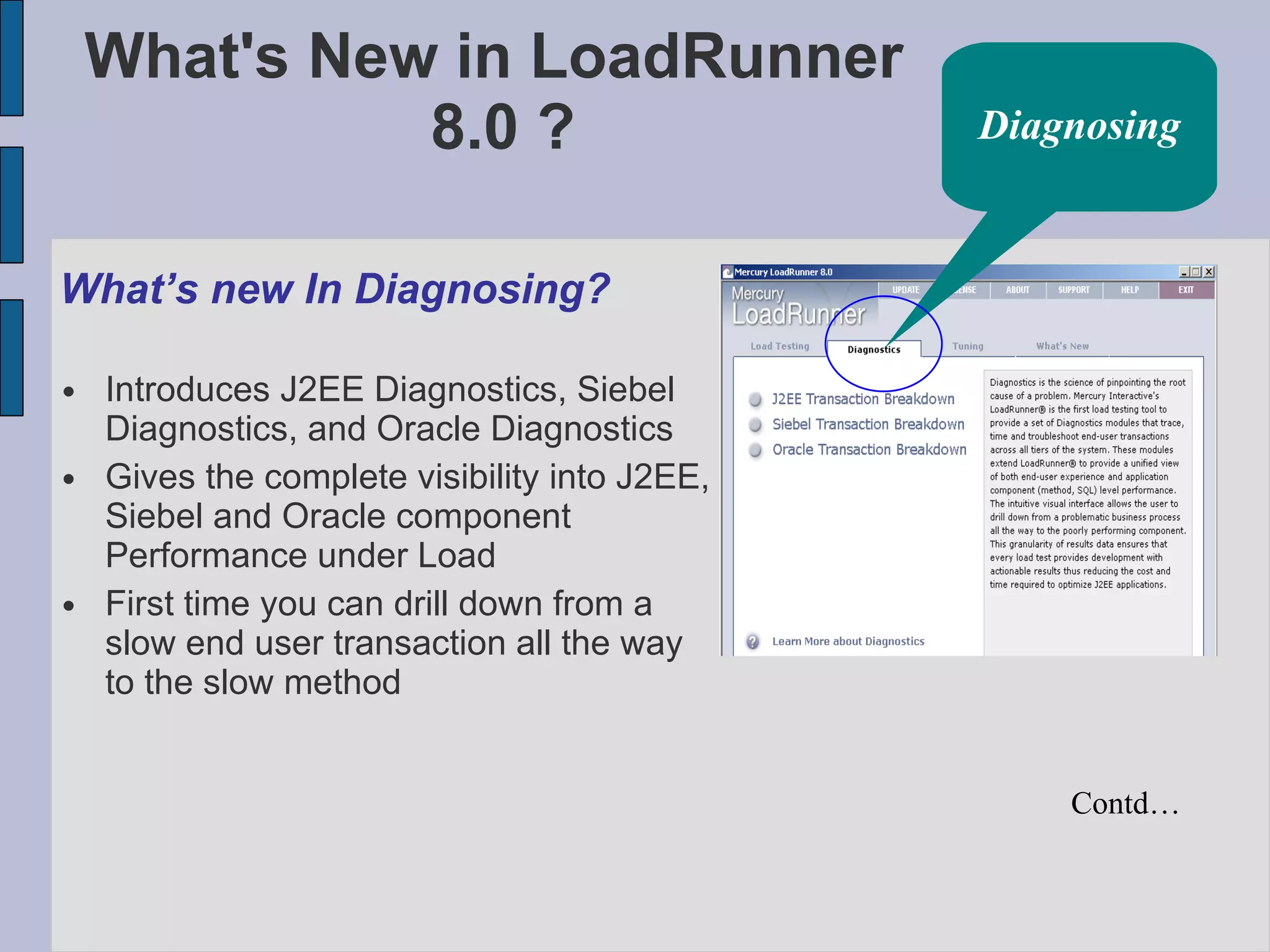 What's New in LoadRunner  8.0 ? What’s new In Diagnosing? Introduces J2EE Diagnostics, Siebel Diagnostics, and Oracle Diagnostics Gives the complete visibility into J2EE, Siebel and Oracle component Performance under Load First time you can drill down from a slow end user transaction all the way to the slow method Diagnosing Contd… 