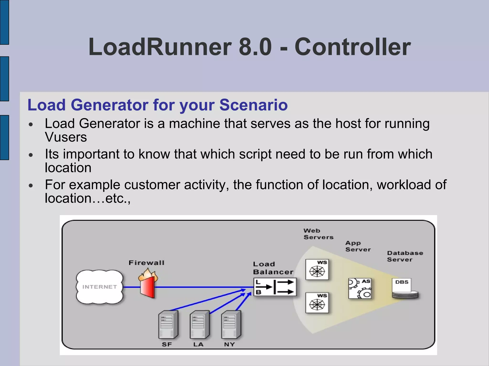 LoadRunner 8.0 - Controller Load Generator for your Scenario Load Generator is a machine that serves as the host for running Vusers Its important to know that which script need to be run from which location For example customer activity, the function of location, workload of location…etc., 