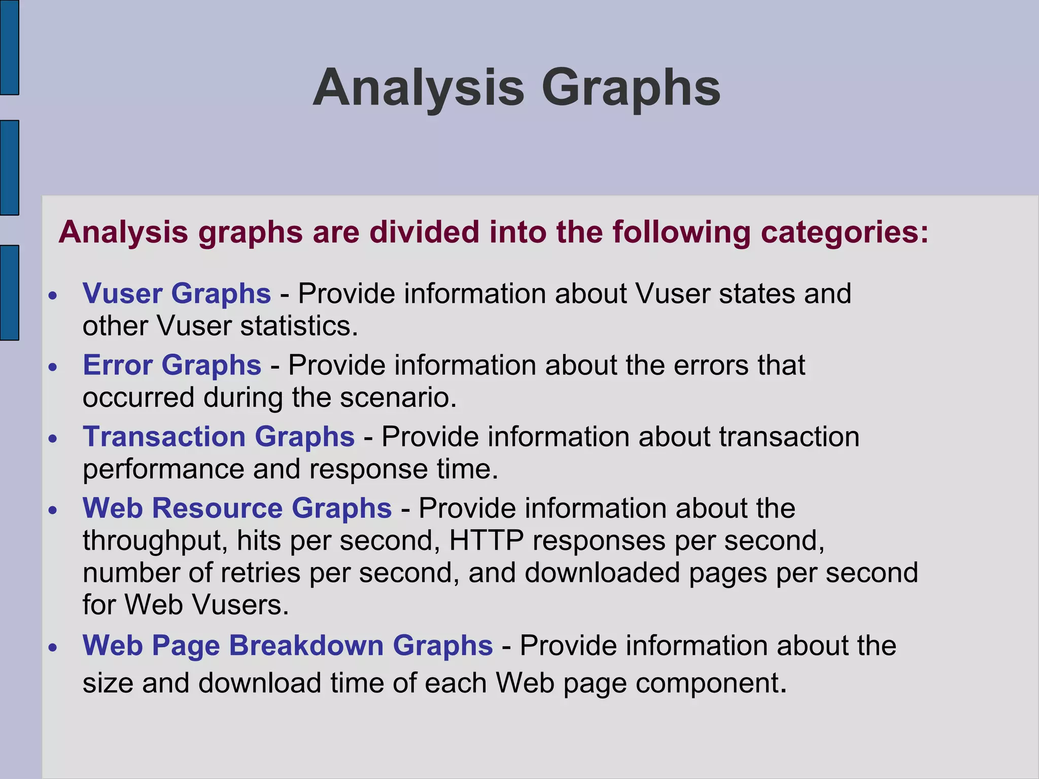 Analysis Graphs Vuser Graphs  - Provide information about Vuser states and other Vuser statistics. Error Graphs  - Provide information about the errors that occurred during the scenario. Transaction Graphs  - Provide information about transaction performance and response time. Web Resource Graphs  - Provide information about the throughput, hits per second, HTTP responses per second, number of retries per second, and downloaded pages per second for Web Vusers. Web Page Breakdown Graphs  - Provide information about the size and download time of each Web page component .  Analysis graphs are divided into the following categories: 