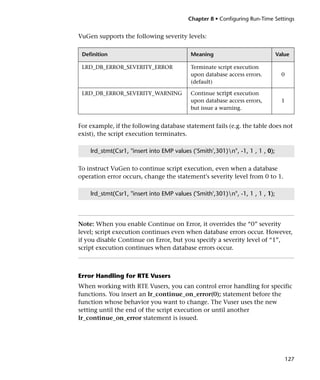 Chapter 8 • Configuring Run-Time Settings


VuGen supports the following severity levels:

 Definition                                Meaning                             Value

 LRD_DB_ERROR_SEVERITY_ERROR               Terminate script execution
                                           upon database access errors.          0
                                           (default)

 LRD_DB_ERROR_SEVERITY_WARNING             Continue script execution
                                           upon database access errors,          1
                                           but issue a warning.


For example, if the following database statement fails (e.g. the table does not
exist), the script execution terminates.

    lrd_stmt(Csr1, "insert into EMP values ('Smith',301)n", -1, 1 , 1 , 0);

To instruct VuGen to continue script execution, even when a database
operation error occurs, change the statement's severity level from 0 to 1.

    lrd_stmt(Csr1, "insert into EMP values ('Smith',301)n", -1, 1 , 1 , 1);




Note: When you enable Continue on Error, it overrides the “0” severity
level; script execution continues even when database errors occur. However,
if you disable Continue on Error, but you specify a severity level of “1”,
script execution continues when database errors occur.



Error Handling for RTE Vusers
When working with RTE Vusers, you can control error handling for specific
functions. You insert an lr_continue_on_error(0); statement before the
function whose behavior you want to change. The Vuser uses the new
setting until the end of the script execution or until another
lr_continue_on_error statement is issued.




                                                                                     127
 