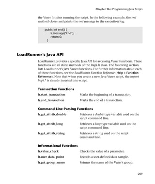 Chapter 16 • Programming Java Scripts


         the Vuser finishes running the script. In the following example, the end
         method closes and prints the end message to the execution log.

              public int end() {
                  lr.message("End");
                  return 0;
               }



LoadRunner’s Java API
         LoadRunner provides a specific Java API for accessing Vuser functions. These
         functions are all static methods of the lrapi.lr class. The following section
         lists LoadRunner’s Java Vuser functions. For further information about each
         of these functions, see the LoadRunner Function Reference (Help > Function
         Reference). Note that when you create a new Java Vuser script, the import
         lrapi.* is already inserted into script.

         Transaction Functions
         lr.start_transaction           Marks the beginning of a transaction.
         lr.end_transaction             Marks the end of a transaction.

         Command Line Parsing Functions
         lr.get_attrib_double           Retrieves a double type variable used on the
                                        script command line.
         lr.get_attrib_long             Retrieves a long type variable used on the
                                        script command line.
         lr.get_attrib_string           Retrieves a string used on the script
                                        command line.

         Informational Functions
         lr.value_check                 Checks the value of a parameter.
         lr.user_data_point             Records a user-defined data sample.
         lr.get_group_name              Returns the name of the Vuser’s group.


                                                                                     209
 
