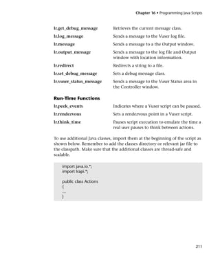 Chapter 16 • Programming Java Scripts



lr.get_debug_message           Retrieves the current message class.
lr.log_message                 Sends a message to the Vuser log file.
lr.message                     Sends a message to a the Output window.
lr.output_message              Sends a message to the log file and Output
                               window with location information.
lr.redirect                    Redirects a string to a file.
lr.set_debug_message           Sets a debug message class.
lr.vuser_status_message        Sends a message to the Vuser Status area in
                               the Controller window.

Run-Time Functions
lr.peek_events                 Indicates where a Vuser script can be paused.
lr.rendezvous                  Sets a rendezvous point in a Vuser script.
lr.think_time                  Pauses script execution to emulate the time a
                               real user pauses to think between actions.

To use additional Java classes, import them at the beginning of the script as
shown below. Remember to add the classes directory or relevant jar file to
the classpath. Make sure that the additional classes are thread-safe and
scalable.

    import java.io.*;
    import lrapi.*;

    public class Actions
    {
    ...
    }




                                                                             211
 