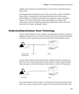 Chapter 17 • Developing Database Vuser Scripts


         enables you to measure the performance of your server under the load of
         many users.

         The program that contains the calls to the server API is called a Database
         Vuser script. It emulates the client application and all of the actions
         performed by it. Using the Controller, you assign the script to multiple
         Vusers. The Vusers execute the script and emulate user load on the
         client/server system. LoadRunner generates performance data which you
         can analyze in report and graph format.



Understanding Database Vuser Technology
         VuGen creates Database Vuser scripts by recording all the activity between a
         database client and a server. VuGen monitors the client end of the database
         and traces all the requests sent to and received from the database server.



                               o




            Client running   VuGen                 Server
            an application



         Like all other Vusers created using VuGen, Database Vusers communicate
         with the server without relying on client software. Instead, each Database
         Vuser executes a script that executes calls directly to server API functions.




           Vuser script                             Server



         You create Database Vuser scripts in a Windows environment using VuGen.
         Once you create a script, you can assign it to Vusers in both Windows and


                                                                                       227
 
