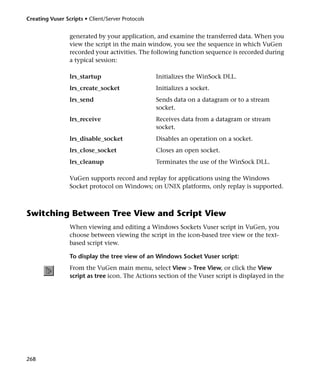 Creating Vuser Scripts • Client/Server Protocols


                 generated by your application, and examine the transferred data. When you
                 view the script in the main window, you see the sequence in which VuGen
                 recorded your activities. The following function sequence is recorded during
                 a typical session:

                 lrs_startup                       Initializes the WinSock DLL.
                 lrs_create_socket                 Initializes a socket.
                 lrs_send                          Sends data on a datagram or to a stream
                                                   socket.
                 lrs_receive                       Receives data from a datagram or stream
                                                   socket.
                 lrs_disable_socket                Disables an operation on a socket.
                 lrs_close_socket                  Closes an open socket.
                 lrs_cleanup                       Terminates the use of the WinSock DLL.

                 VuGen supports record and replay for applications using the Windows
                 Socket protocol on Windows; on UNIX platforms, only replay is supported.



Switching Between Tree View and Script View
                 When viewing and editing a Windows Sockets Vuser script in VuGen, you
                 choose between viewing the script in the icon-based tree view or the text-
                 based script view.

                 To display the tree view of an Windows Socket Vuser script:
                 From the VuGen main menu, select View > Tree View, or click the View
                 script as tree icon. The Actions section of the Vuser script is displayed in the




268
 