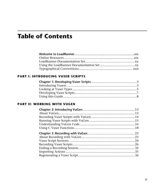 Table of Contents

                 Welcome to LoadRunner....................................................................xix
                 Online Resources ................................................................................xix
                 LoadRunner Documentation Set.........................................................xx
                 Using the LoadRunner Documentation Set ........................................xx
                 Typographical Conventions............................................................. xxii

P A R T I : I N T R O D UC I N G V US E R S C R I PT S
                 Chapter 1: Developing Vuser Scripts ....................................................3
                 Introducing Vusers ................................................................................3
                 Looking at Vuser Types .........................................................................5
                 Developing Vuser Scripts.......................................................................7
                 Using this Guide....................................................................................8

P A R T II: WO RK IN G WIT H V UG EN
                 Chapter 2: Introducing VuGen............................................................13
                 About VuGen.......................................................................................13
                 Recording Vuser Scripts with VuGen ..................................................14
                 Running Vuser Scripts with VuGen ....................................................15
                 Understanding VuGen Code...............................................................16
                 Using C Vuser Functions .....................................................................18
                 Chapter 3: Recording with VuGen......................................................23
                 About Recording with VuGen .............................................................23
                 Vuser Script Sections ...........................................................................24
                 Recording Vuser Scripts .......................................................................26
                 Ending a Recording Session.................................................................32
                 Importing Actions ...............................................................................35
                 Regenerating a Vuser Script.................................................................36




                                                                                                                         iii
 