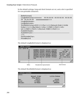 Creating Vuser Scripts • Client/Server Protocols


                 In the default settings, long and short formats are set, and a dot is specified
                 for non-printable characters.

                      [BufferFormats]
                      LongBufferFormat=nnnnnnnn            XX XX XX XX XX XX XX XX XX XX XX
                      XX XX XX XX XX aaaaaaaaaaaaaaaarn
                      LongBufferHeader=
                      LongBufferFooter=
                      ShortBufferFormat=ASCII:ttt%arnttNetwork OrderttLittle
                      Endianrntt (Big Edian)rnHex:tt%BXtt%LXrnOc-
                      tal:tt%BOtt%LOrnDecimal:t%BDtt%LDrn
                      AnyBufferHeader=
                      AnyBufferFooter=----------------------------------------------------------------------
                      rn
                      NonPrintableChar=.
                      PrintAllAscii=0

                 The default LongBufferFormat is displayed as:




                               Offset         Hexadecimal representation              ASCII format


                 The default ShortBufferFormat is displayed as:




290
 