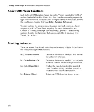 Creating Vuser Scripts • Distributed Component Protocols


About COM Vuser Functions
                Each VuGen COM function has an lrc prefix. VuGen records the COM API
                and method calls listed in this section. You can also manually program lrc
                type conversion calls. For syntax and examples of the lrc functions, refer to
                the LoadRunner Function Reference (Help > Function Reference).

                You can indicate the programming language in which to create a Vuser
                script—either C or Visual Basic scripting. For more information, see
                Chapter 4, “Setting the Script Type Recording Options.” The following
                sections describe the functions that are generated for C language type
                Virtual User scripts.



Creating Instances
                There are several functions for creating and releasing objects, derived from
                the corresponding COM functions:

                lrc_CoCreateInstance              Creates an instance of an object and returns
                                                  the unknown interface.
                lrc_CreateInstanceEx              Creates an instance of an object on a remote
                                                  machine and can return multiple interfaces.
                lrc_CoGetClassObject              Fetches the class factory for the specified
                                                  class. The class factory can then be used to
                                                  create multiple objects of that class.
                lrc_Release_Object                Releases a COM object no longer in use.




328
 