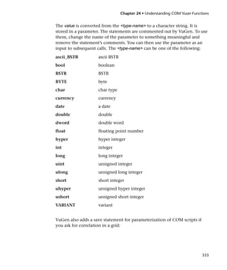 Chapter 24 • Understanding COM Vuser Functions


The value is converted from the <type-name> to a character string. It is
stored in a parameter. The statements are commented out by VuGen. To use
them, change the name of the parameter to something meaningful and
remove the statement’s comments. You can then use the parameter as an
input to subsequent calls. The <type-name> can be one of the following:

ascii_BSTR          ascii BSTR
bool                boolean
BSTR                BSTR
BYTE                byte
char                char type
currency            currency
date                a date
double              double
dword               double word
float               floating point number
hyper               hyper integer
int                 integer
long                long integer
uint                unsigned integer
ulong               unsigned long integer
short               short integer
uhyper              unsigned hyper integer
ushort              unsigned short integer
VARIANT             variant


VuGen also adds a save statement for parameterization of COM scripts if
you ask for correlation in a grid:




                                                                           333
 