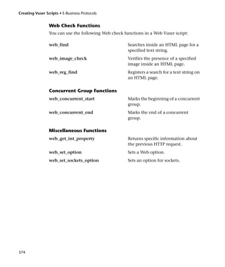 Creating Vuser Scripts • E-Business Protocols


                 Web Check Functions
                 You can use the following Web check functions in a Web Vuser script:

                 web_find                              Searches inside an HTML page for a
                                                       specified text string.
                 web_image_check                       Verifies the presence of a specified
                                                       image inside an HTML page.
                 web_reg_find                          Registers a search for a text string on
                                                       an HTML page.


                 Concurrent Group Functions
                 web_concurrent_start                  Marks the beginning of a concurrent
                                                       group.
                 web_concurrent_end                    Marks the end of a concurrent
                                                       group.

                 Miscellaneous Functions
                 web_get_int_property                  Returns specific information about
                                                       the previous HTTP request.
                 web_set_option                        Sets a Web option.
                 web_set_sockets_option                Sets an option for sockets.




374
 