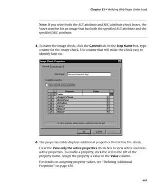 Chapter 33 • Verifying Web Pages Under Load




  Note: If you select both the ALT attribute and SRC attribute check boxes, the
  Vuser searches for an image that has both the specified ALT attribute and the
  specified SRC attribute.



5 To name the image check, click the General tab. In the Step Name box, type
  a name for the image check. Use a name that will make the check easy to
  identify later on.




6 The properties table displays additional properties that define the check.
  Clear the View only the active properties check box to view active and non-
  active properties. To enable a property, click the cell to the left of the
  property name. Assign the property a value in the Value column.
  For details on assigning property values, see “Defining Additional
  Properties” on page 450.



                                                                               449
 