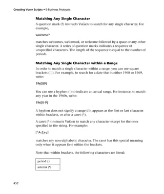 Creating Vuser Scripts • E-Business Protocols


                 Matching Any Single Character
                 A question mark (?) instructs VuGen to search for any single character. For
                 example,

                 welcome?

                 matches welcomes, welcomed, or welcome followed by a space or any other
                 single character. A series of question marks indicates a sequence of
                 unspecified characters. The length of the sequence is equal to the number of
                 periods.

                 Matching Any Single Character within a Range
                 In order to match a single character within a range, you can use square
                 brackets ([ ]). For example, to search for a date that is either 1968 or 1969,
                 write:

                 196[89]

                 You can use a hyphen (-) to indicate an actual range. For instance, to match
                 any year in the 1960s, write:

                 196[0-9]

                 A hyphen does not signify a range if it appears as the first or last character
                 within brackets, or after a caret (^).

                 A caret (^) instructs VuGen to match any character except for the ones
                 specified in the string. For example:

                 [^A-Za-z]

                 matches any non-alphabetic character. The caret has this special meaning
                 only when it appears first within the brackets.

                 Note that within brackets, the following characters are literal:

                   period (.)

                   asterisk (*)




452
 