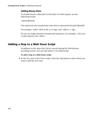 Creating Vuser Scripts • E-Business Protocols


                 Adding Binary Data
                 To include binary coded data in the body of a Web request, use the
                 following format:

                 x[char1][char2]

                 This represents the hexadecimal value that is represented by [char1][char2].

                 For example, x24 is 16*2+4=36, is a $ sign, and x2B is a + sign.

                 Do not use single-character hexadecimal sequences. For example, x2 is not
                 a valid sequence but x02 is.



Adding a Step to a Web Vuser Script
                 In addition to the steps that VuGen records during the Web browser
                 recording session, you can add steps to a recorded script.

                 To add a step to a Web Vuser script:
              1 In the tree view of the Vuser script, select the step before or after which you
                want to add the new step.




456
 