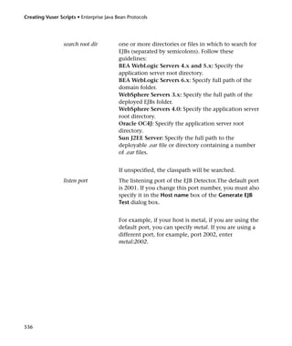 Creating Vuser Scripts • Enterprise Java Bean Protocols




                 search root dir          one or more directories or files in which to search for
                                          EJBs (separated by semicolons). Follow these
                                          guidelines:
                                          BEA WebLogic Servers 4.x and 5.x: Specify the
                                          application server root directory.
                                          BEA WebLogic Servers 6.x: Specify full path of the
                                          domain folder.
                                          WebSphere Servers 3.x: Specify the full path of the
                                          deployed EJBs folder.
                                          WebSphere Servers 4.0: Specify the application server
                                          root directory.
                                          Oracle OC4J: Specify the application server root
                                          directory.
                                          Sun J2EE Server: Specify the full path to the
                                          deployable .ear file or directory containing a number
                                          of .ear files.


                                          If unspecified, the classpath will be searched.
                 listen port              The listening port of the EJB Detector.The default port
                                          is 2001. If you change this port number, you must also
                                          specify it in the Host name box of the Generate EJB
                                          Test dialog box.


                                          For example, if your host is metal, if you are using the
                                          default port, you can specify metal. If you are using a
                                          different port, for example, port 2002, enter
                                          metal:2002.




536
 