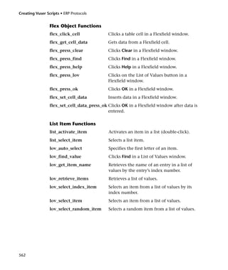 Creating Vuser Scripts • ERP Protocols


                 Flex Object Functions
                 flex_click_cell             Clicks a table cell in a Flexfield window.
                 flex_get_cell_data          Gets data from a Flexfield cell.
                 flex_press_clear            Clicks Clear in a Flexfield window.
                 flex_press_find             Clicks Find in a Flexfield window.
                 flex_press_help             Clicks Help in a Flexfield window.
                 flex_press_lov              Clicks on the List of Values button in a
                                             Flexfield window.
                 flex_press_ok               Clicks OK in a Flexfield window.
                 flex_set_cell_data          Inserts data in a Flexfield window.
                 flex_set_cell_data_press_ok Clicks OK in a Flexfield window after data is
                                             entered.

                 List Item Functions
                 list_activate_item           Activates an item in a list (double-click).
                 list_select_item             Selects a list item.
                 lov_auto_select              Specifies the first letter of an item.
                 lov_find_value               Clicks Find in a List of Values window.
                 lov_get_item_name            Retrieves the name of an entry in a list of
                                              values by the entry’s index number.
                 lov_retrieve_items           Retrieves a list of values.
                 lov_select_index_item        Selects an item from a list of values by its
                                              index number.
                 lov_select_item              Selects an item from a list of values.
                 lov_select_random_item       Selects a random item from a list of values.




562
 