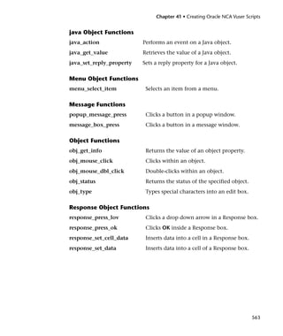 Chapter 41 • Creating Oracle NCA Vuser Scripts


java Object Functions
java_action               Performs an event on a Java object.
java_get_value            Retrieves the value of a Java object.
java_set_reply_property   Sets a reply property for a Java object.

Menu Object Functions
menu_select_item           Selects an item from a menu.

Message Functions
popup_message_press        Clicks a button in a popup window.
message_box_press          Clicks a button in a message window.

Object Functions
obj_get_info               Returns the value of an object property.
obj_mouse_click            Clicks within an object.
obj_mouse_dbl_click        Double-clicks within an object.
obj_status                 Returns the status of the specified object.
obj_type                   Types special characters into an edit box.

Response Object Functions
response_press_lov         Clicks a drop down arrow in a Response box.
response_press_ok          Clicks OK inside a Response box.
response_set_cell_data     Inserts data into a cell in a Response box.
response_set_data          Inserts data into a cell of a Response box.




                                                                         563
 