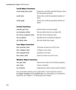 Creating Vuser Scripts • ERP Protocols


                 Scroll Object Functions
                 scroll_drag_from_min        Drags the scroll the specified distance from
                                             the minimum position.
                 scroll_line                 Moves the scroll the specified number of
                                             lines.
                 scroll_page                 Moves the scroll the specified number of
                                             pages.

                 Session Functions
                 console_get_text            Retrieves the console message
                 set_iteration_offset        Sets an offset value for an object ID.
                 set_server_response_time    Sets the server response time.
                 set_exception               Specifies how to handle exceptions.
                 set_think_time              Sets the think time range.

                 Tree Object Functions
                 tree_activate_item          Activates an item in an NCA tree.
                 tree_collapse_item          Collapses a tree item.
                 tree_expand_item            Expands a tree item.
                 tree_select_item            Selects an item in an NCA tree.

                 Window Object Functions
                 win_get_info                Returns the value of an window property.
                 win_close                   Closes a window.
                 set_window                  Indicates the name of the current window.

                 You can further enhance your script with C Vuser functions such as
                 lr_output_message and lr_rendezvous. For information on using these
                 functions, see Chapter 5, “Enhancing Vuser Scripts.”




564
 