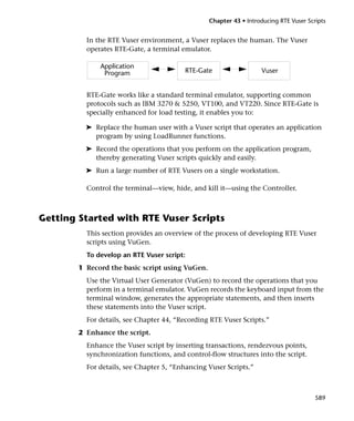 Chapter 43 • Introducing RTE Vuser Scripts


          In the RTE Vuser environment, a Vuser replaces the human. The Vuser
          operates RTE-Gate, a terminal emulator.

              Application
               Program                   RTE-Gate                  Vuser


          RTE-Gate works like a standard terminal emulator, supporting common
          protocols such as IBM 3270 & 5250, VT100, and VT220. Since RTE-Gate is
          specially enhanced for load testing, it enables you to:

          ➤ Replace the human user with a Vuser script that operates an application
            program by using LoadRunner functions.
          ➤ Record the operations that you perform on the application program,
            thereby generating Vuser scripts quickly and easily.
          ➤ Run a large number of RTE Vusers on a single workstation.

          Control the terminal—view, hide, and kill it—using the Controller.



Getting Started with RTE Vuser Scripts
          This section provides an overview of the process of developing RTE Vuser
          scripts using VuGen.
          To develop an RTE Vuser script:
        1 Record the basic script using VuGen.
          Use the Virtual User Generator (VuGen) to record the operations that you
          perform in a terminal emulator. VuGen records the keyboard input from the
          terminal window, generates the appropriate statements, and then inserts
          these statements into the Vuser script.
          For details, see Chapter 44, “Recording RTE Vuser Scripts.”
        2 Enhance the script.
          Enhance the Vuser script by inserting transactions, rendezvous points,
          synchronization functions, and control-flow structures into the script.
          For details, see Chapter 5, “Enhancing Vuser Scripts.”



                                                                                       589
 
