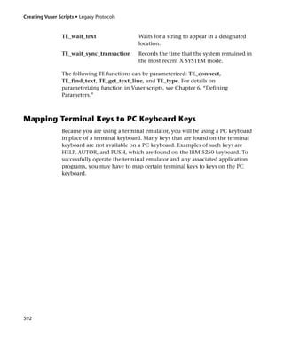 Creating Vuser Scripts • Legacy Protocols



                 TE_wait_text                  Waits for a string to appear in a designated
                                               location.
                 TE_wait_sync_transaction      Records the time that the system remained in
                                               the most recent X SYSTEM mode.

                 The following TE functions can be parameterized: TE_connect,
                 TE_find_text, TE_get_text_line, and TE_type. For details on
                 parameterizing function in Vuser scripts, see Chapter 6, “Defining
                 Parameters.”



Mapping Terminal Keys to PC Keyboard Keys
                 Because you are using a terminal emulator, you will be using a PC keyboard
                 in place of a terminal keyboard. Many keys that are found on the terminal
                 keyboard are not available on a PC keyboard. Examples of such keys are
                 HELP, AUTOR, and PUSH, which are found on the IBM 5250 keyboard. To
                 successfully operate the terminal emulator and any associated application
                 programs, you may have to map certain terminal keys to keys on the PC
                 keyboard.




592
 