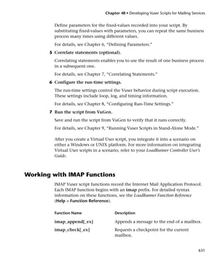 Chapter 48 • Developing Vuser Scripts for Mailing Services


         Define parameters for the fixed-values recorded into your script. By
         substituting fixed-values with parameters, you can repeat the same business
         process many times using different values.
         For details, see Chapter 6, “Defining Parameters.”
       5 Correlate statements (optional).
         Correlating statements enables you to use the result of one business process
         in a subsequent one.
         For details, see Chapter 7, “Correlating Statements.”
       6 Configure the run-time settings.
         The run-time settings control the Vuser behavior during script execution.
         These settings include loop, log, and timing information.
         For details, see Chapter 8, “Configuring Run-Time Settings.”
       7 Run the script from VuGen.
         Save and run the script from VuGen to verify that it runs correctly.
         For details, see Chapter 9, “Running Vuser Scripts in Stand-Alone Mode.”

         After you create a Virtual User script, you integrate it into a scenario on
         either a Windows or UNIX platform. For more information on integrating
         Virtual User scripts in a scenario, refer to your LoadRunner Controller User’s
         Guide.



Working with IMAP Functions
         IMAP Vuser script functions record the Internet Mail Application Protocol.
         Each IMAP function begins with an imap prefix. For detailed syntax
         information on these functions, see the LoadRunner Function Reference
         (Help > Function Reference).

         Function Name                   Description

         imap_append[_ex]                Appends a message to the end of a mailbox.
         imap_check[_ex]                 Requests a checkpoint for the current
                                         mailbox.


                                                                                          631
 