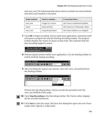 Chapter 49 • Developing Jacada Vuser Scripts


   and vuser_end. The following table shows what to include into each method,
   and when each method is executed.

     Script method     Used to emulate...           Is executed when...

     vuser_init        a login to a server          the Vuser is initialized (loaded)

     action            client activity              the Vuser is in “Running” status

     vuser_end         a log off procedure          the Vuser finishes or is stopped


 7 Click OK to begin recording. VuGen starts your application, minimizes itself
   and opens a progress bar and the floating recording toolbar. The progress
   toolbar displays the names of classes as they load. This indicates that the
   Java recording support is active.




 8 Perform typical actions within your application. Use the floating toolbar to
   switch methods during recording.




 9 After recording the typical user actions, select the vuser_end method from
   the floating toolbar.




   Perform the log off procedure. VuGen records the procedure into the
   vuser_end method of the script.
10 Click Stop Recordingon the Recording toolbar. The VuGen editor displays
   all the recorded statements.

11 Click Save to save the script. The Save Test dialog box opens (for new Vuser
   scripts only). Specify a script name.

                                                                                        645
 