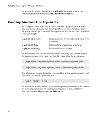 Creating Vuser Scripts • Working with VuGen


                For more information about the lr_think_time function, refer to the
                LoadRunner Function Reference (Help > Function Reference).



Handling Command Line Arguments
                You can pass values to a Vuser script at run-time by specifying command
                line arguments when you run the script. There are three functions that
                allow you to read the command line arguments, and then to pass the values
                to a Vuser script:

                lr_get_attrib_double             Retrieves double precision floating point type
                                                 arguments
                lr_get_attrib_long               Retrieves long integer type arguments
                lr_get_attrib_string             Retrieves character strings

                Your command line should have one of the following two formats where
                the arguments and their values are listed in pairs, after the script name:

                     script_name -argument argument_value -argument argument_value


                     script_name /argument argument_value /argument argument_value


                The following example shows the command line string used to repeat script1
                five times on the load generator pc4:

                     script1 -host pc4 -loop 5

                For more information on the command line parsing functions, or for details
                on including arguments on a command line, refer to the LoadRunner
                Function Reference (Help > Function Reference).




62
 