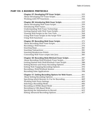 Table of Contents


P A R T V II : E - B U S I N E SS P R O T O C O L S
                  Chapter 27: Developing FTP Vuser Scripts .......................................355
                  About Developing FTP Vuser Scripts.................................................355
                  Working with FTP Functions ............................................................356
                  Chapter 28: Introducing Web Vuser Scripts .....................................359
                  About Developing Web Vuser Scripts ...............................................359
                  Introducing Web Vusers....................................................................361
                  Understanding Web Vuser Technology ............................................362
                  Getting Started with Web Vuser Scripts............................................362
                  Viewing Web Scripts in the Tree View .............................................364
                  Using Web Vuser Scripts in the Script View .....................................368
                  Using Web Functions .......................................................................369
                  Chapter 29: Recording Web Vuser Scripts........................................375
                  About Recording Web Vuser Scripts..................................................375
                  Recording a Web Session...................................................................376
                  Inserting Steps ...................................................................................381
                  Inserting Transactions ......................................................................381
                  Inserting Rendezvous Points .............................................................384
                  Converting Web Vuser scripts into Java ...........................................385
                  Chapter 30: Recording Web/WinSock Vuser Scripts ........................387
                  About Recording Web/WinSock Vuser Scripts..................................387
                  Getting Started with Web/WinSock Vuser Scripts ............................388
                  Setting Browser and Proxy Recording Options .................................390
                  Setting Web Trapping Recording Options ........................................393
                  Recording a Web/WinSock Session ...................................................395
                  Recording Palm Applications ............................................................398
                  Chapter 31: Setting Recording Options for Web Vusers..................401
                  About Setting Recording Options .....................................................401
                  Specifying which Browser to Use for Recording ...............................402
                  Working with Proxy Settings ............................................................403
                  Selecting a Recording Mode ..............................................................406
                  Recording in HTML-Based Mode ......................................................407
                  Recording in URL-Based Mode..........................................................412
                  Specifying the Information to Record...............................................415
                  Setting Advanced Recording Options ...............................................417




                                                                                                                           ix
 