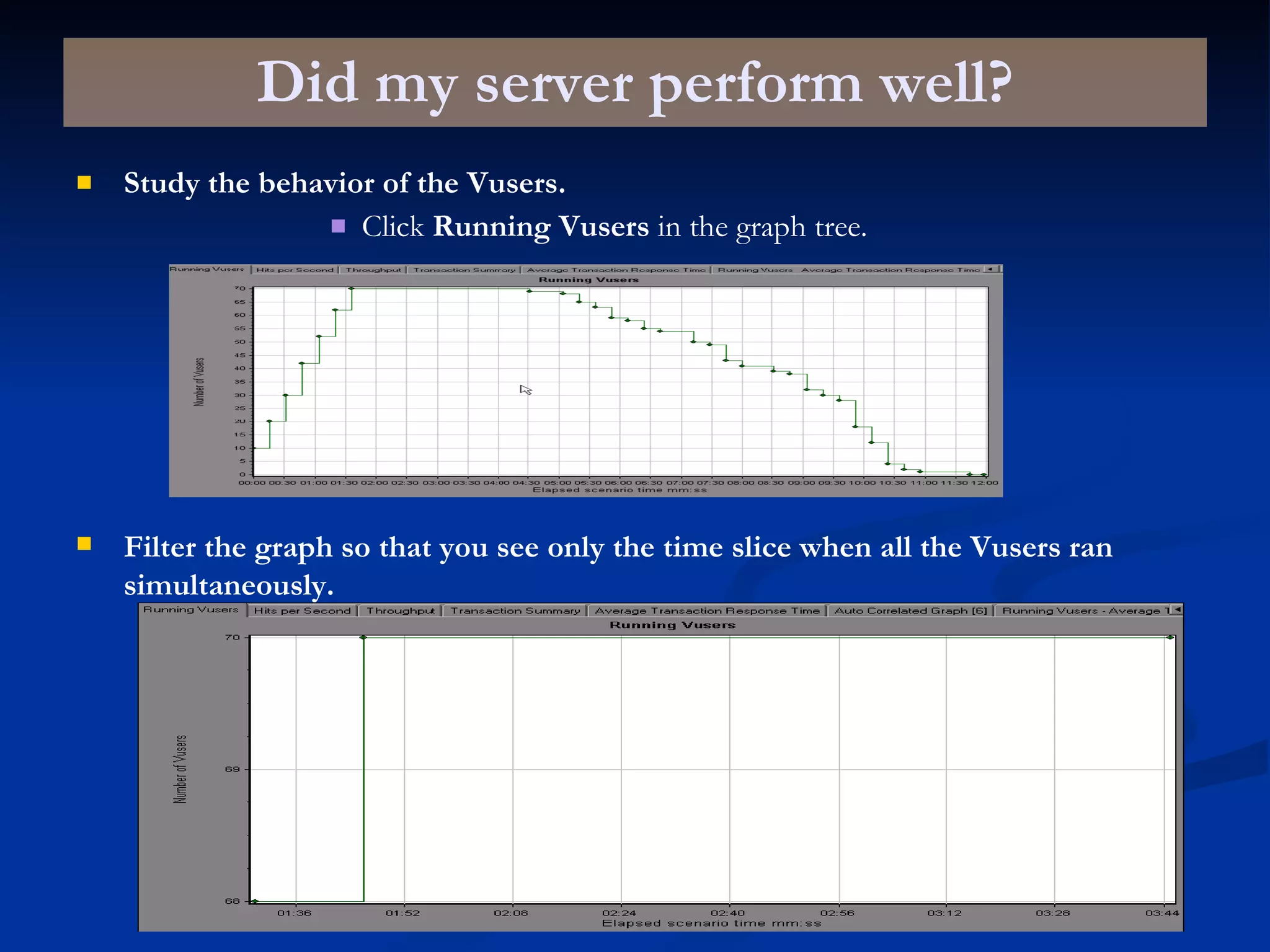Did my server perform well? Study the behavior of the Vusers. Click  Running Vusers  in the graph tree. Filter the graph so that you see only the time slice when all the Vusers ran simultaneously. 