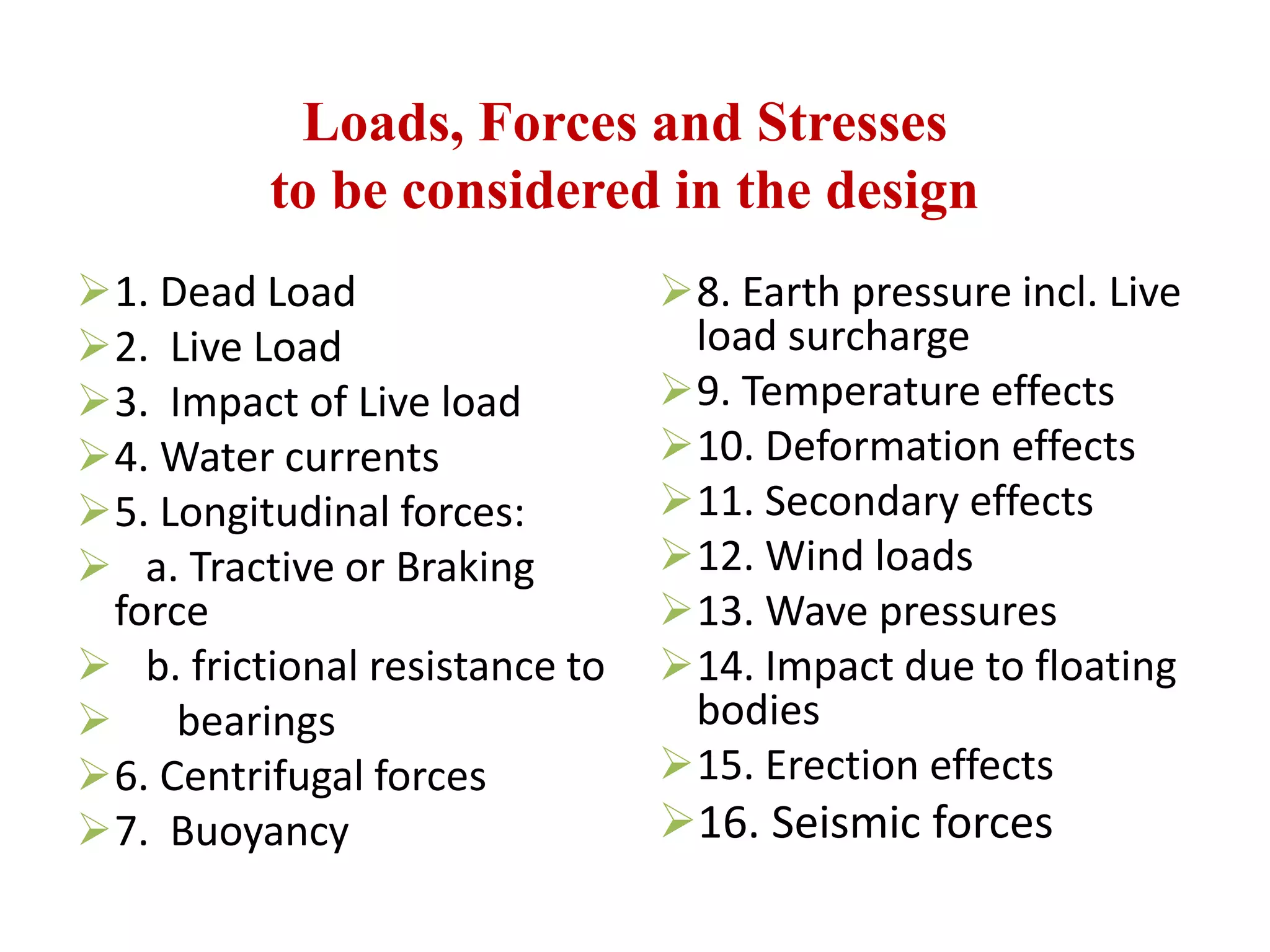 Loads, Forces and Stresses
to be considered in the design
1. Dead Load
2. Live Load
3. Impact of Live load
4. Water currents
5. Longitudinal forces:
 a. Tractive or Braking
force
 b. frictional resistance to
 bearings
6. Centrifugal forces
7. Buoyancy
8. Earth pressure incl. Live
load surcharge
9. Temperature effects
10. Deformation effects
11. Secondary effects
12. Wind loads
13. Wave pressures
14. Impact due to floating
bodies
15. Erection effects
16. Seismic forces
 
