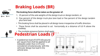 • A pedestrian load of 0.075 kilo-pound
per square foot shall be applied to all
sidewalks wider than 2.0 ft and
considered simultaneously with the
vehicular design live load in the
vehicle lane.
Pedestrian Loads (PL)
Braking Loads (BR)
The braking force shall be taken as the greater of:
1. 25 percent of the axle weights of the design truck or design tandem, or
2. Five percent of the design truck plus lane load or five percent of the design tandem
plus lane load
• This braking force shall be placed in all design lanes irrespective of traffic direction.
• These forces shall be assumed to act horizontally at a distance of 6.0 ft above the
roadway
• The multiple presence factors shall apply
 