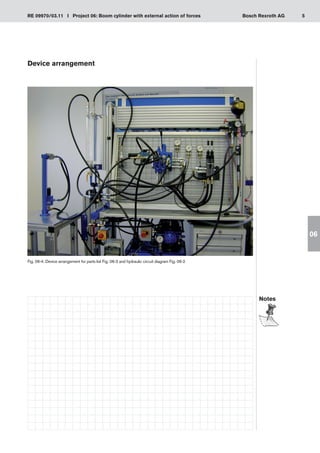5
RE 09970/03.11 I Project 06: Boom cylinder with external action of forces Bosch Rexroth AG
06
Device arrangement
Fig. 06-4: Device arrangement for parts list Fig. 06-3 and hydraulic circuit diagram Fig. 06-2
Notes
 