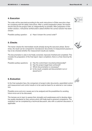 9
RE 09970/03.11 I Introduction Bosch Rexroth AG
4. Execution
The order will be executed according to the work instructions in Order execution chap-
ter complying with the safety instructions. After a careful preparation phase, the trainee
should execute the project order as independently as possible. After preparation of the
written solution, it should be verified and/or asked whether the correct solution has been
chosen.
Possible auxiliary question:	 a)	 Have I chosen the correct order?
5. Checks
The trainer checks the intermediate results already during the execution phase. Some-
times, the result can be compared to manufacturer documents. In measurement practice it
has to be checked whether the measurement results are realistic.
The documentation is also to be finally corrected, improved, finished and completed. This
includes the preparation of the final report. Upon completion, there is a final check by the
trainer.
Possible auxiliary questions:	 a)	 Has the control been mounted professionally?
				 b)	 Has the project target been achieved?
				 c)	 Which documentation is necessary?
				 d)	
Is the result complete and documented in an or-
dered form?
6. Evaluation
In the final evaluation face, the comparison of project order documents, assembled control
and measurement and control results is to be used as basis for an external or own evalua-
tion.
Possible errors and error causes are to be analyzed and the possibilities for avoiding
future errors are to be discussed.
The trainees are to learn to assess their strengths and weaknesses and to develop objec-
tive quality standards for their actions which will finally lead to personal competence. The
evaluation can be completed by a technical discussion, also with a customer discussion, if
applicable.
 