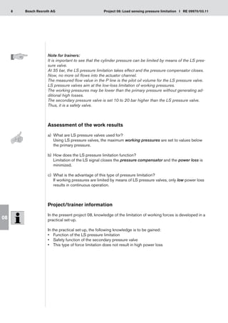 8 Project 08: Load sensing pressure limitation I RE 09970/03.11
Bosch Rexroth AG
08
Note for trainers:
It is important to see that the cylinder pressure can be limited by means of the LS pres-
sure valve.
At 35 bar, the LS pressure limitation takes effect and the pressure compensator closes.
Now, no more oil flows into the actuator channel.
The measured flow value in the P line is the pilot oil volume for the LS pressure valve.
LS pressure valves aim at the low-loss limitation of working pressures.
The working pressures may be lower than the primary pressure without generating ad-
ditional high losses.
The secondary pressure valve is set 10 to 20 bar higher than the LS pressure valve.
Thus, it is a safety valve.
Assessment of the work results
a)	 What are LS pressure valves used for?
Using LS pressure valves, the maximum working pressures are set to values below
the primary pressure.
How does the LS pressure limitation function?
b)	
Limitation of the LS signal closes the pressure compensator and the power loss is
minimized.
What is the advantage of this type of pressure limitation?
c)	
If working pressures are limited by means of LS pressure valves, only low power loss
results in continuous operation.
Project/trainer information
In the present project 08, knowledge of the limitation of working forces is developed in a
practical set-up.
In the practical set-up, the following knowledge is to be gained:
Function of the LS pressure limitation
•	
Safety function of the secondary pressure valve
•	
This type of force limitation does not result in high power loss
•	
 