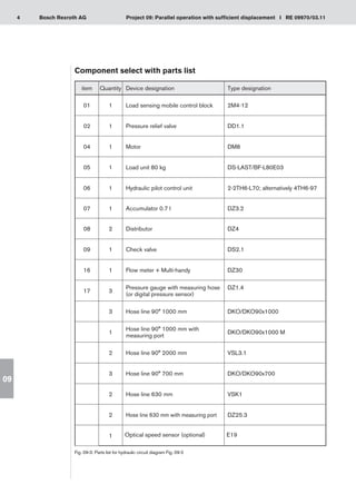 4 Project 09: Parallel operation with sufficient displacement I RE 09970/03.11
Bosch Rexroth AG
09
Component select with parts list
Fig. 09-3: Parts list for hydraulic circuit diagram Fig. 09-2
item Quantity Device designation Type designation
01 1 Load sensing mobile control block 2M4-12
02 1 Pressure relief valve DD1.1
04 1 Motor DM8
05 1 Load unit 80 kg DS-LAST/BF-L80E03
06 1 Hydraulic pilot control unit 2-2TH6-L70; alternatively 4TH6-97
07 1 Accumulator 0.7 l DZ3.2
08 2 Distributor DZ4
09 1 Check valve DS2.1
16 1 Flow meter + Multi-handy DZ30
17 3
Pressure gauge with measuring hose
(or digital pressure sensor)
DZ1.4
3 Hose line 90° 1000 mm DKO/DKO90x1000
1
Hose line 90° 1000 mm with
measuring port
DKO/DKO90x1000 M
2 Hose line 90° 2000 mm VSL3.1
3 Hose line 90° 700 mm DKO/DKO90x700
2 Hose line 630 mm VSK1
2 Hose line 630 mm with measuring port DZ25.3
1 Optical speed sensor (optional) E19
 