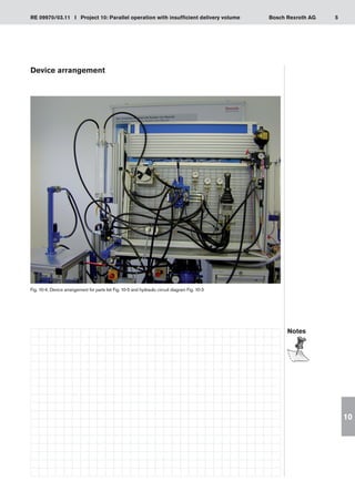 5
RE 09970/03.11 I Project 10: Parallel operation with insufficient delivery volume Bosch Rexroth AG
10
Device arrangement
Fig. 10-4: Device arrangement for parts list Fig. 10-5 and hydraulic circuit diagram Fig. 10-3
Notes
 