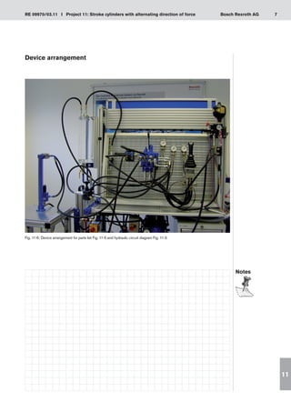 7
RE 09970/03.11 I Project 11: Stroke cylinders with alternating direction of force Bosch Rexroth AG
11
Device arrangement
Fig. 11-6: Device arrangement for parts list Fig. 11-5 and hydraulic circuit diagram Fig. 11-3
Notes
 