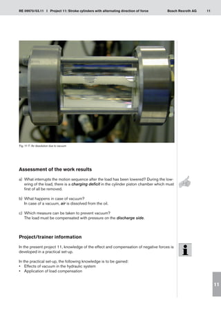 11
RE 09970/03.11 I Project 11: Stroke cylinders with alternating direction of force Bosch Rexroth AG
11
Assessment of the work results
a)	 What interrupts the motion sequence after the load has been lowered? During the low-
ering of the load, there is a charging deficit in the cylinder piston chamber which must
first of all be removed.
What happens in case of vacuum?
b)	
In case of a vacuum, air is dissolved from the oil.
Which measure can be taken to prevent vacuum?
c)	
The load must be compensated with pressure on the discharge side.
Project/trainer information
In the present project 11, knowledge of the effect and compensation of negative forces is
developed in a practical set-up.
In the practical set-up, the following knowledge is to be gained:
Effects of vacuum in the hydraulic system
•	
Application of load compensation
•	
Fig. 11-7: Air dissolution due to vacuum
 