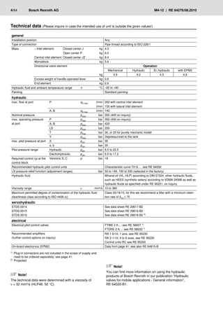 4/64	 Bosch Rexroth AG	 M4-12 | RE 64276/08.2010
general
Installation position Any
Type of connection Pipe thread according to ISO 228/1
Mass – Inlet element:	 Closed center J kg 4.3
	 Open center P kg 6.0
Central inlet element: Closed center JZ kg 8.4
Monoblock kg 5.6
Directional valve element Operation
Mechanical Hydraulic El.-hydraulic with EPM2
kg 4.9 4.2 4.5 4.8
Excess weight of handle-operated lever kg 0.6
End element kg 2.6
Hydraulic fluid and ambient temperature range	 ϑ °C –20 to +80
Painting Standard painting
hydraulic
max. flow at port P qV max l/min 200 with central inlet element
l/min 150 with lateral inlet element
A, B qV max l/min 140
Nominal pressure pnom bar 350 (400 on inquiry)
max. operating pressure
at port
P pmax bar 350 (400 on inquiry)
A, B pmax bar 420
LS pmax bar 330
T pmax bar 30, or 20 for purely mechanic model
Y pmax bar Depressurized to the tank
max. pilot pressure at port X pctrl bar 35
a, b pctrl bar 35
Pilot pressure range Hydraulic pctrl bar 8.5 to 22.5
Electrohydraulic pctrl bar 6.5 to 17.2
Required control Δp at the
control block
Versions S; C p bar 18
Recommended hydraulic pilot control units Characteristic curve TH 6... , see RE 64552
LS pressure relief function (adjustment ranges) bar 50 to 149; 150 to 330 (selected in the factory)
Hydraulic fluid Mineral oil (HL, HLP) according to DIN 51524, other hydraulic fluids,
such as HEES (synthetic esters) according to VDMA 24568 as well as
hydraulic fluids as specified under RE 90221, on inquiry
Viscosity range ν mm²/s 10 to 380
Maximum permitted degree of contamination of the hydraulic fluid
cleanliness class according to ISO 4406 (c)
Class 20/18/15, for this we recommend a filter with a minimum reten-
tion rate of β10 ≥ 75
servohydraulic
STDS 0014
STDS 0015
STDS 0016
See data sheet RE 29617-B2
See data sheet RE 29616-B2
See data sheet RE 29618-B2 2)
electrical
Electrical pilot control valves FTWE 2 K...; see RE 58007 1)
FTDRE 2 K...; see RE 58032 1)
Recommended amplifiers
(further control options on inquiry)
RA 1-0/10; 1 axis, see RE 95230
RA 2-1/10; 4 to 6 axes, see RE 95230
Control units RC see RE 95200
On-board electronics (EPM2) Data from page 61; see also RE 64815-B
Technical data (Please inquire in case the intended use of unit is outside the given values!)
Note!
The technical data were determined with a viscosity of
= 32 mm²/s (HLP46: 50 °C).
1)	 Plug-in connectors are not included in the scope of supply and
need to be ordered separately, see page 41.
2) 	Projected
Note!
You can find more information on using the hydraulic
products of Bosch Rexroth in our publication “Hydraulic
valves for mobile applications - General information”,
RE 64020-B1.
 