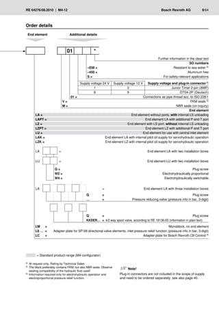 RE 64276/08.2010 | M4-12	 Bosch Rexroth AG	 9/64
Order details
01 *
End element Additional details
Further information in the clear text
SO numbers
–038 =	 Resistant to sea water 4)
–450 =	 Aluminum free
S =	 For safety-relevant applications
Supply voltage 24 V Supply voltage 12 V Supply voltage and plug-in connector 6)
1 3 Junior Timer 2-pin (AMP)
8 9 DT04-2P (Deutsch)
01 =	 Connections as pipe thread acc. to ISO 228/1
V =	 FKM seals 5)
M =	 NBR seals (on inquiry)
End element
LA =	 End element without ports, with internal LS unloading
LAPT =	 End element LA with additional P and T port
LZ =	 End element with LS port, without internal LS unloading
LZPT =	 End element LZ with additional P and T port
LU =	 End element for use with central inlet element
LAK =	 End element LA with internal pilot oil supply for servohydraulic operation
LZK =	 End element LZ with internal pilot oil supply for servohydraulic operation
LA = End element LA with two installation bores
LU = End element LU with two installation bores
Q =	 Plug screw
W2 =	 Electrohydraulically proportional
W4 =	 Electrohydraulically switchable
LA 	 =	 End element LA with three installation bores
Q	 =	 Plug screw
…	 =	 Pressure reducing valve (pressure info in bar, 3-digit)
Q	 =	 Plug screw
KKDER…	 =	 4/2 way spool valve, according to RE 18136-05 (information in plain text)
LM	 =	 Monoblock, no end element
L8 …	 =	 Adapter plate for SP-08 directional valve elements, inlet pressure relief function (pressure info in bar, 3-digit)
LC	 =	 Adapter plate for Bosch Rexroth Oil Control 4)
= Standard product range (M4 configurator)
4)	 At request only. Rating by Technical Sales.
5)	 The block preferably contains FKM, but also NBR seals. Observe
sealing compatibility of the hydraulic fluid used!
6)	 Information required only for electrohydraulic operation and
electroproportional pressure relief function.
Note!
Plug-in connectors are not included in the scope of supply
and need to be ordered separately, see also page 40.
 