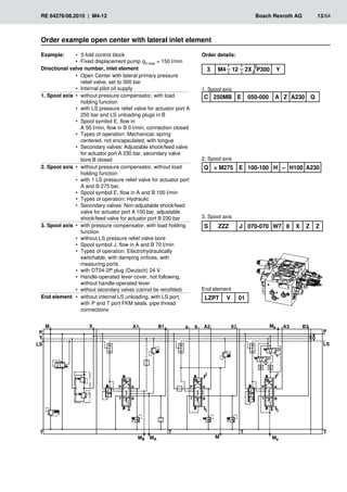 �
��
�
�
�
�
�
�� ��
�
�� ��
�
�
�
�
��
�
��
���
���
��
�
�
��
��
�
�
�
�
�
�
�
�
�
�
�
�
��
��
RE 64276/08.2010 | M4-12	 Bosch Rexroth AG	 13/64
Order example open center with lateral inlet element
Example: 3-fold control block
•
•
Fixed displacement pump
•
• qV max = 150 l/min
Directional valve number, inlet element
Open Center with lateral primary pressure
•
•
relief valve, set to 300 bar
Internal pilot oil supply
•
•
1. Spool axis without pressure compensator, with load
•
•
holding function
with LS pressure relief valve for actuator port A
•
•
250 bar and LS unloading plugs in B
Spool symbol E, flow in
•
•
A 50 l/min, flow in B 0 l/min, connection closed
Types of operation: Mechanical, spring
•
•
centered, not encapsulated, with tongue
Secondary valves: Adjustable shock/feed valve
•
•
for actuator port A 230 bar, secondary valve
bore B closed
2. Spool axis without pressure compensator, without load
•
•
holding function
with 1 LS pressure relief valve for actuator port
•
•
A and B 275 bar,
Spool symbol E, flow in A and B 100 l/min
•
•
Types of operation: Hydraulic
•
•
Secondary valves: Non-adjustable shock/feed
•
•
valve for actuator port A 100 bar, adjustable
shock/feed valve for actuator port B 230 bar
3. Spool axis with pressure compensator, with load holding
•
•
function
without LS pressure relief valve bore
•
•
Spool symbol J, flow in A and B 70 l/min
•
•
Types of operation: Electrohydraulically
•
•
switchable, with damping orifices, with
measuring ports
with DT04-2P plug (Deutsch) 24 V
•
•
Handle-operated lever cover, not following,
•
•
without handle-operated lever
without secondary valves (cannot be retrofitted)
•
•
End element without internal LS unloading, with LS port,
•
•
with P and T port FKM seals, pipe thread
connections
Order details:
1. Spool axis
2. Spool axis
C 250MB E 050-000 A Z A230 Q
LZPT V 01
Q = M275 E 100-100 H – H100 A230
End element
3. Spool axis
S ZZZ J 070-070 W7 8 X Z Z
3 M4 12 2X P300 Y
 