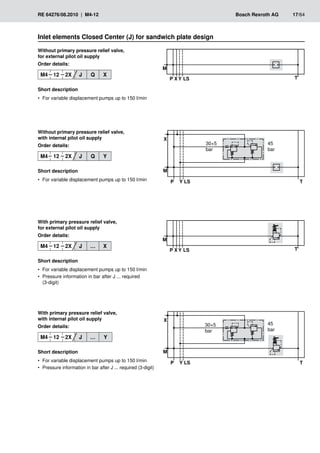 �
��
� �
�
�
�
��
� �
�
�
�
�
��
� �
�
�
�
��
� �
�
30+5
bar
45
bar
30+5
bar
45
bar
RE 64276/08.2010 | M4-12	 Bosch Rexroth AG	 17/64
Inlet elements Closed Center (J) for sandwich plate design
Without primary pressure relief valve,
for external pilot oil supply
Order details:
M4 12 2X J Q X
Short description
For variable displacement pumps up to 150 l/min
•
•
With primary pressure relief valve,
for external pilot oil supply
Order details:
M4 12 2X J … X
Short description
For variable displacement pumps up to 150 l/min
•
•
Pressure information in bar after J ... required
•
•
(3-digit)
Without primary pressure relief valve,
with internal pilot oil supply
Order details:
M4 12 2X J Q Y
Short description
For variable displacement pumps up to 150 l/min
•
•
With primary pressure relief valve,
with internal pilot oil supply
Order details:
M4 12 2X J … Y
Short description
For variable displacement pumps up to 150 l/min
•
•
Pressure information in bar after J ... required (3-digit)
•
•
 
