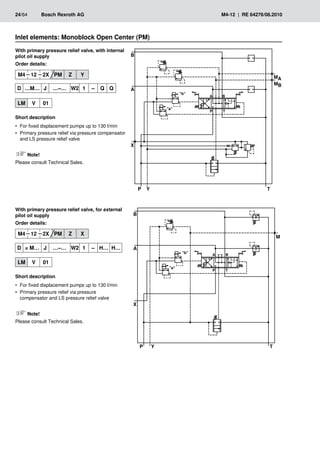 � �
� �
�
�
�
�
�
���
���
��
��
�
� �
� �
�
�
�
�
�
���
���
�
�
24/64	 Bosch Rexroth AG	 M4-12 | RE 64276/08.2010
Inlet elements: Monoblock Open Center (PM)
With primary pressure relief valve, with internal
pilot oil supply
Order details:
M4 12 2X PM Z Y
D …M… J …–… W2 1 – Q Q
LM V 01
Short description
For fixed displacement pumps up to 130 l/min
•
•
Primary pressure relief via pressure compensator
•
•
and LS pressure relief valve
Note!
Please consult Technical Sales.
With primary pressure relief valve, for external
pilot oil supply
Order details:
M4 12 2X PM Z X
D = M… J …–… W2 1 – H… H…
LM V 01
Short description
For fixed displacement pumps up to 130 l/min
•
•
Primary pressure relief via pressure
•
•
compensator and LS pressure relief valve
Note!
Please consult Technical Sales.
 