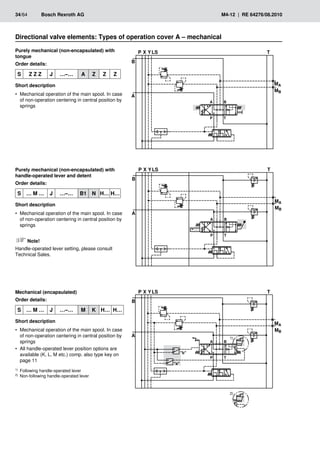 ��
��
�
��
��
���
�
�
�
�
� �
� �
���
���
�
��
��
���
�
�
�
�
� �
� �
�
��
��
���
�
�
�
�
� �
� �
34/64	 Bosch Rexroth AG	 M4-12 | RE 64276/08.2010
Directional valve elements: Types of operation cover A – mechanical
Mechanical (encapsulated)
Order details:
S … M … J …–… M K H… H…
Short description
Mechanical operation of the main spool. In case
•
•
of non-operation centering in central position by
springs
All handle-operated lever position options are
•
•
available (K, L, M etc.) comp. also type key on
page 11
1)	 Following handle-operated lever
2)	 Non-following handle-operated lever
Purely mechanical (non-encapsulated) with
tongue
Order details:
S Z Z Z J …–… A Z Z Z
Short description
Mechanical operation of the main spool. In case
•
•
of non-operation centering in central position by
springs
Purely mechanical (non-encapsulated) with
handle-operated lever and detent
Order details:
S … M … J …–… B1 N H… H…
Short description
Mechanical operation of the main spool. In case
•
•
of non-operation centering in central position by
springs
Note!
Handle-operated lever setting, please consult
Technical Sales.
 