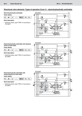 �
��
��
���
�
�
�
�
� �
� �
���
���
�
��
��
���
�
�
�
�
� �
� �
���
���
�
��
��
���
�
�
�
�
� �
� �
���
���
��
��
36/64	 Bosch Rexroth AG	 M4-12 | RE 64276/08.2010
Electrohydraulically switchable
Order details:
S … M … J …–… W4 1 – H… H…
Short description
Switching valves, type FTWE 2 K according to
•
•
RE 58007
Directional valve elements: Types of operation Cover A – electrohydraulically switchable
Electrohydraulically switchable with
measuring ports on both sides
Order details:
S … M … J …–… W6 3 – H… H…
Short description
Switching valves, type FTWE 2 K according to
•
•
RE 58007
Electrohydraulically switchable with damping
orifice on both sides
Order details:
S … M … J …–… W5 3 – H… H…
Short description
Switching valves, type FTWE 2 K according to
•
•
RE 58007
 