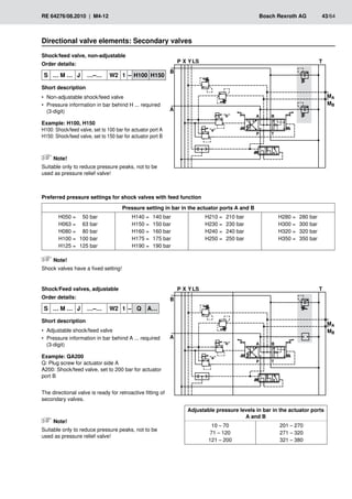 �
��
��
���
�
�
�
�
� �
� �
���
���
�
��
��
���
�
�
�
�
� �
� �
���
���
RE 64276/08.2010 | M4-12	 Bosch Rexroth AG	 43/64
Shock/Feed valves, adjustable
Order details:
S … M … J …–… W2 1 – Q A…
Short description
Adjustable shock/feed valve
•
•
Pressure information in bar behind A ... required
•
•
(3-digit)
Example: QA200
Q: Plug screw for actuator side A
A200: Shock/feed valve, set to 200 bar for actuator
port B
The directional valve is ready for retroactive fitting of
secondary valves.
Note!
Suitable only to reduce pressure peaks, not to be
used as pressure relief valve!
Directional valve elements: Secondary valves
Shock/feed valve, non-adjustable
Order details:
S … M … J …–… W2 1 – H100 H150
Short description
Non-adjustable shock/feed valve
•
•
Pressure information in bar behind H ... required
•
•
(3-digit)
Example: H100, H150
H100: Shock/feed valve, set to 100 bar for actuator port A
H150: Shock/feed valve, set to 150 bar for actuator port B
Note!
Suitable only to reduce pressure peaks, not to be
used as pressure relief valve!
Preferred pressure settings for shock valves with feed function
Pressure setting in bar in the actuator ports A and B
H050 =	 50 bar H140 =	 140 bar H210 =	 210 bar H280 =	 280 bar
H063 =	 63 bar H150 =	 150 bar H230 =	 230 bar H300 =	 300 bar
H080 =	 80 bar H160 =	 160 bar H240 =	 240 bar H320 =	 320 bar
H100 =	 100 bar H175 =	 175 bar H250 =	 250 bar H350 =	 350 bar
H125 =	 125 bar H190 =	 190 bar
Adjustable pressure levels in bar in the actuator ports
A and B
10 – 70 201 – 270
71 – 120 271 – 320
121 – 200 321 – 380
Note!
Shock valves have a fixed setting!
 
