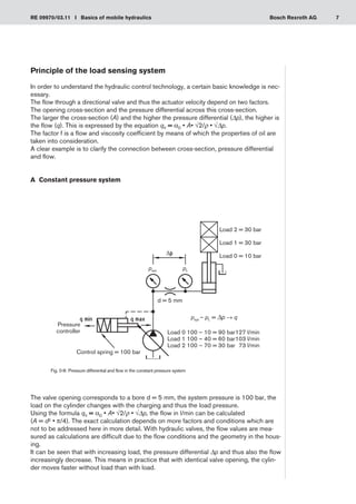 7
RE 09970/03.11 I Basics of mobile hydraulics Bosch Rexroth AG
Principle of the load sensing system
In order to understand the hydraulic control technology, a certain basic knowledge is nec-
essary.
The flow through a directional valve and thus the actuator velocity depend on two factors.
The opening cross-section and the pressure differential across this cross-section.
The larger the cross-section (A) and the higher the pressure differential (Δp), the higher is
the flow (q). This is expressed by the equation qV = aD • A• √2/r • √Δp.
The factor f is a flow and viscosity coefficient by means of which the properties of oil are
taken into consideration.
A clear example is to clarify the connection between cross-section, pressure differential
and flow.
A	 Constant pressure system
Fig. 0-8: Pressure differential and flow in the constant pressure system
Pressure
controller
Control spring = 100 bar
Load 2 = 30 bar
Load 1 = 30 bar
Load 0 = 10 bar
d = 5 mm
psys pL
psys – pL = Δp → q
Load 0 100 – 10 = 90 bar	
127 l/min
Load 1 100 – 40 = 60 bar	
103 l/min
Load 2 100 – 70 = 30 bar	 73 l/min
The valve opening corresponds to a bore d = 5 mm, the system pressure is 100 bar, the
load on the cylinder changes with the charging and thus the load pressure.
Using the formula qV = aD • A• √2/r • √Δp, the flow in l/min can be calculated
(A = d2 • π/4). The exact calculation depends on more factors and conditions which are
not to be addressed here in more detail. With hydraulic valves, the flow values are mea-
sured as calculations are difficult due to the flow conditions and the geometry in the hous-
ing.
It can be seen that with increasing load, the pressure differential Δp and thus also the flow
increasingly decrease. This means in practice that with identical valve opening, the cylin-
der moves faster without load than with load.
 