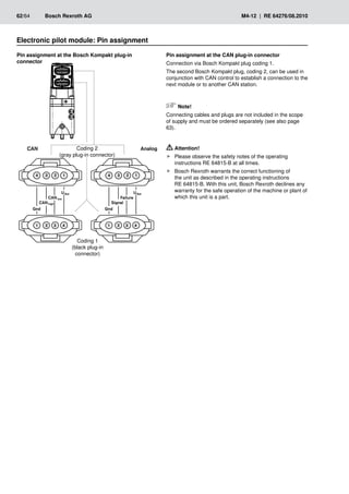 62/64	 Bosch Rexroth AG	 M4-12 | RE 64276/08.2010
�
�
�
�
�
���
���
���
���
���
����
� � � �
�
�
�
�
�
�������
������
���
���
� � � �
��� ������
Electronic pilot module: Pin assignment
Pin assignment at the Bosch Kompakt plug-in
connector
Pin assignment at the CAN plug-in connector
Connection via Bosch Kompakt plug coding 1.
The second Bosch Kompakt plug, coding 2, can be used in
conjunction with CAN control to establish a connection to the
next module or to another CAN station.
Note!
Connecting cables and plugs are not included in the scope
of supply and must be ordered separately (see also page
63).
Attention!
Please observe the safety notes of the operating
f
f
instructions RE 64815-B at all times.
Bosch Rexroth warrants the correct functioning of
f
f
the unit as described in the operating instructions
RE 64815-B. With this unit, Bosch Rexroth declines any
warranty for the safe operation of the machine or plant of
which this unit is a part.
Coding 1
(black plug-in
connector)
Coding 2
(gray plug-in connector)
 