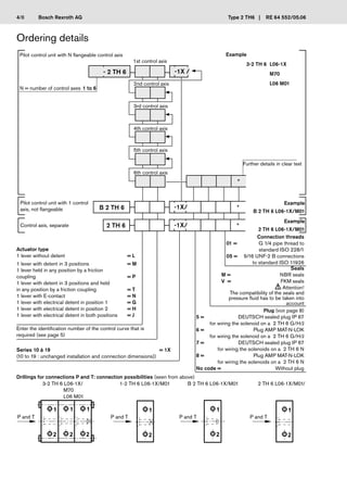 Bosch Rexroth AG
� � �
� � �
�
�
�
�
�
�
Type 2 TH6 | RE 64 552/05.06
Ordering details
Pilot control unit with N flangeable control axis
N = number of control axes 1 to 6
-1X /
- 2 TH 6
1st control axis
*
Further details in clear text
Example
3-2 TH 6 L06-1X
M70
L06 M01
*
-1X/
B 2 TH 6
Example
B 2 TH 6 L06-1X/M01
Pilot control unit with 1 control
axis, not flangeable
Control axis, separate *
-1X/
2 TH 6
Example
2 TH 6 L06-1X/M01
Actuator type
1 lever without detent = L
1 lever with detent in 3 positions = M
1 lever held in any position by a friction
coupling = P
1 lever with detent in 3 positions and held
in any position by a friction coupling = T
1 lever with E-contact = N
1 lever with electrical detent in position 1 = G
1 lever with electrical detent in position 2 = H
1 lever with electrical detent in both positions = J
Series 10 à 19 = 1X
(10 to 19 : unchanged installation and connection dimensions))
Connection threads
01 = G 1/4 pipe thread to
standard ISO 228/1
05 = 9/16 UNF-2 B connections
to standard ISO 11926
Seals
M = NBR seals
V = FKM seals
! Attention!
The compatibility of the seals and
pressure fluid has to be taken into
account
Plug (voir page 8)
5 = DEUTSCH sealed plug IP 67
for wiring the solenoid on a 2 TH 6 G/H/J
6 = Plug AMP MAT-N-LOK
for wiring the solenoid on a 2 TH 6 G/H/J
7 = DEUTSCH sealed plug IP 67
for wiring the solenoids on a 2 TH 6 N
8 = Plug AMP MAT-N-LOK
for wiring the solenoids on a 2 TH 6 N
No code = Without plug
Drillings for connections P and T: connection possibilities (seen from above)
3-2 TH 6 L06-1X/
M70
L06 M01
1-2 TH 6 L06-1X/M01 B 2 TH 6 L06-1X/M01 2 TH 6 L06-1X/M01/
2nd control axis
3rd control axis
4th control axis
5th control axis
6th control axis
Enter the identification number of the control curve that is
required (see page 5)
P and T P and T P and T P and T
4/8
 