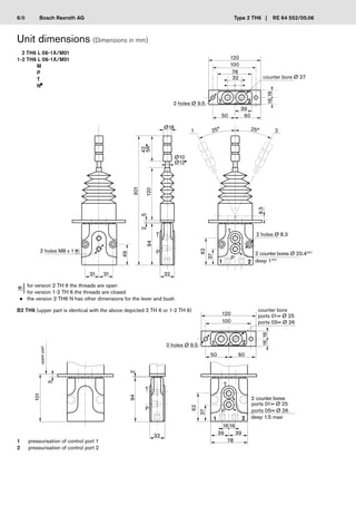 Bosch Rexroth AG
2 TH6 L 06-1X/M01
1-2 TH6 L 06-1X/M01
M
P
T
N
1 2
25° 25°
Ø18
Ø10
Ø12
42
56
120
301
5
2
94
T
P
49
32
31 31
62
37
8,5
1
T
P
2
100
120
78
32
1 2
39
50 60
16
16
1
P
2
T
T
P
62
37
1616
39 39
78
94
32
2
5
101
1 2
60
50
16
16
100
120
Type 2 TH6 | RE 64 552/05.06
Unit dimensions (Dimensions in mm)
B2 TH6 (upper part is identical with the above depicted 2 TH 6 or 1-2 TH 6)
for version 2 TH 6 the threads are open
for version 1-2 TH 6 the threads are closed
the version 2 TH6 N has other dimensions for the lever and bush
*
1 pressurisation of control port 1
2 pressurisation of control port 2
2 holes Ø 9.5
counter bore Ø 27
2 holes M8 x 1 *
2 holes Ø 8.3
2 counter bores Ø 20.4±0.
1
deep 1±0.
1
2 holes Ø 9.5
counter bore
ports 01= Ø 25
ports 05= Ø 26
ports 01= Ø 25
ports 05= Ø 26
2 counter bores
deep 1.5 maxi
upper
part
6/8
 